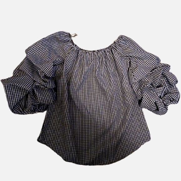 KONTROL Checkered Off the Shoulder Puff Sleeve Top Size Small - Picture 4 of 7